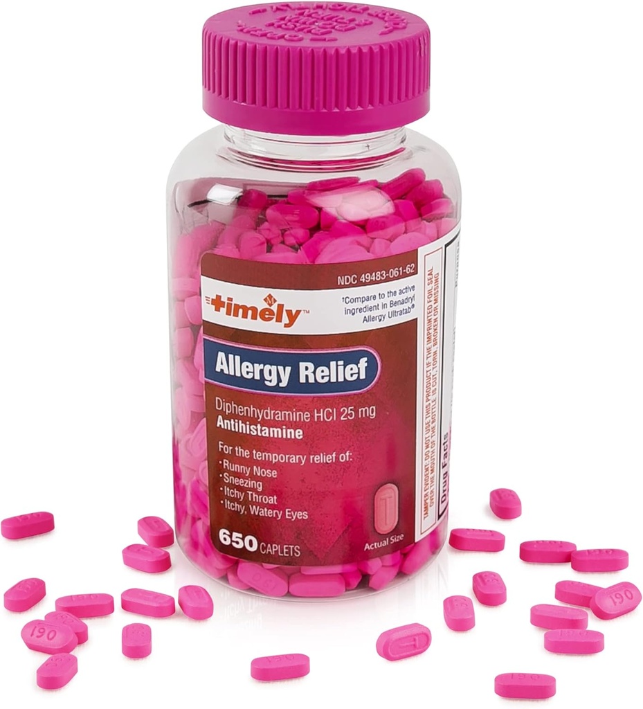 Anti-allergie rapide Diphenhydramine HCl 25 mg - 650 Caplets - Comparativement à Benadryl Allergy Ultratab - Antihistamine - Allergie Médicament - Runny Nez Relief pour les adultes - Traitement des yeux aqueux