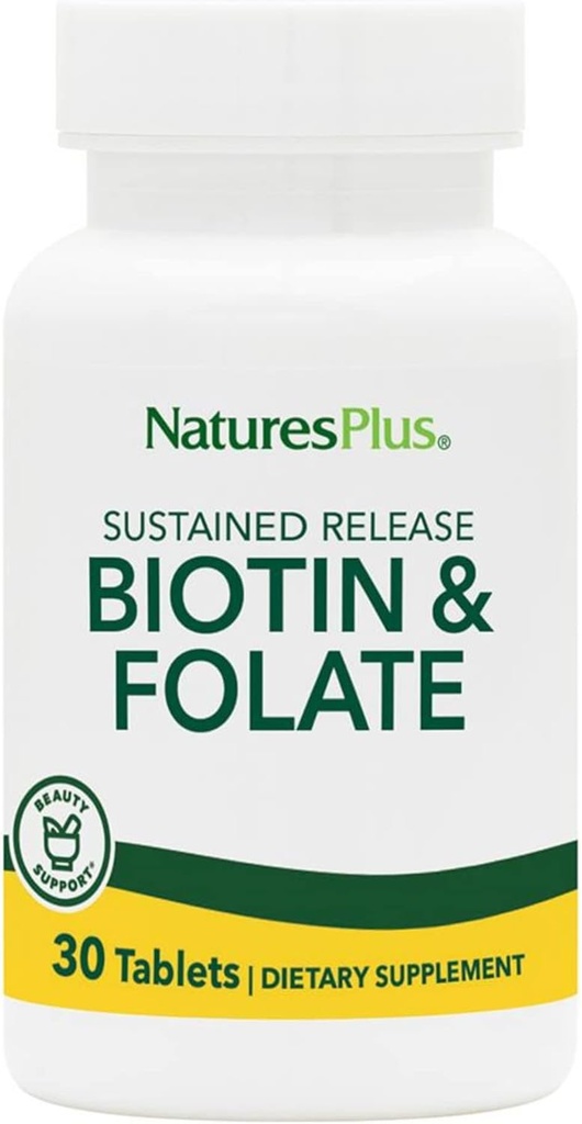 Natures Plus Biotin & Folic Acid (Methylfolate), Sustained Release - 30 Vegetarian Tablets - Vitamin B7 & Vitamin B9, Supports Hair Growth, Energy Booster, Prenatal Vitamin - Gluten-Free - 30 Servings