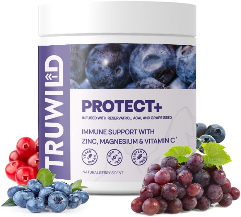 TruWild Protect+ Vegan Immune Support et Antioxydant, All Natural Vitamine C, Zinc, Magnésium, Resvératrol, Acai, Non OGM, Supplément de Capsule sans gluten Fabriqué aux États-Unis cGMP, 30 portions