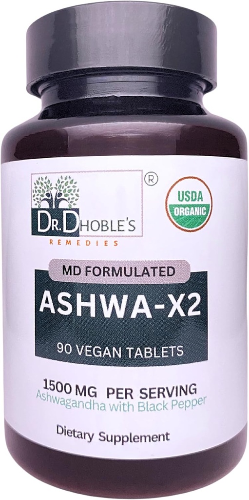 Ashwa X2, Md formulation de comprimés végétaliens avec ingrédients naturels et poivre noir qui augmentent la biodisponibilité, 1500mg, Pas d'extrait, USDA biologique