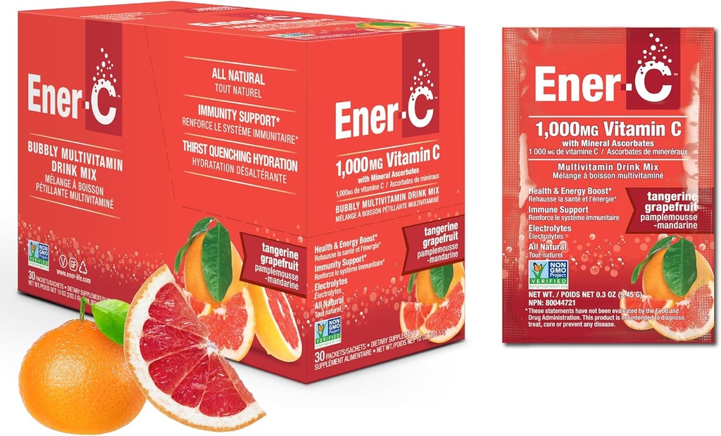 Mélange de multivitamine de Tangerine et de pamplemousse d'Ener-C, 1000 mg de vitamine C, non OGM, végétalien, vraies poudres de jus de fruits, soutien immunitaire naturel, électrolytes, sans gluten, 1-paquet de 30