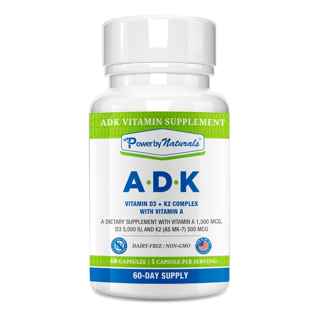Power by Naturals Supplément de vitamine ADK - Mélange de haute puissance de VIT A D3 K2 Vitamine 5000 iu - Soutien os, coeur et santé immunitaire - 60 capsules (2 mois d'approvisionnement)
