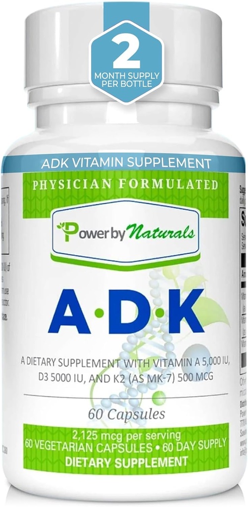 Power by Naturals Supplément de vitamine ADK - Mélange de haute puissance de VIT A D3 K2 Vitamine 5000 iu - Soutien os, coeur et santé immunitaire - 60 capsules (2 mois d'approvisionnement)