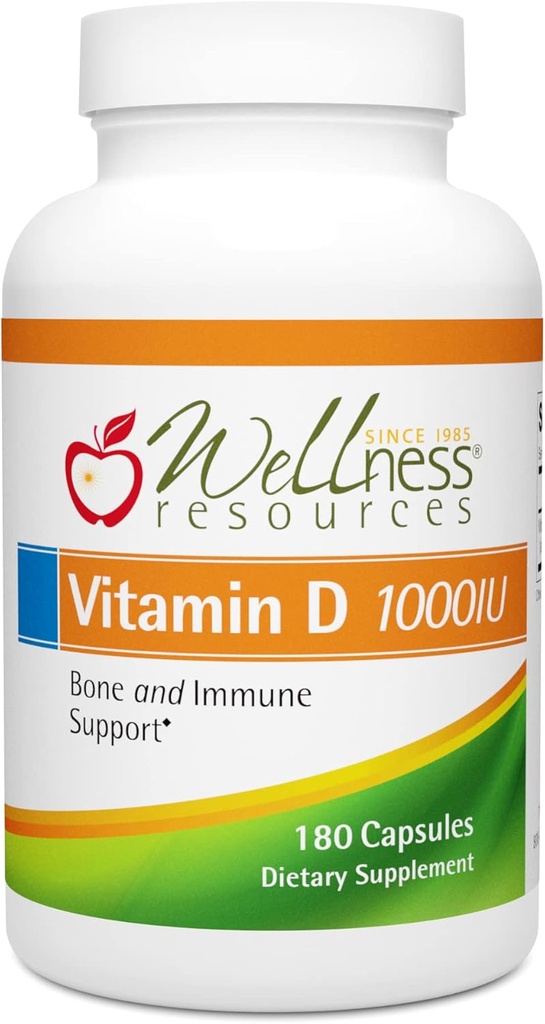 Ressources de bien-être Vitamine D 1 000 UI - Vitamine D3 sans soja (180 capsules de légumes)