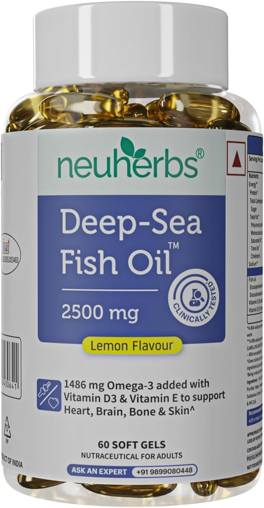 Neuherbs Deep Sea Fish Oil (60 Softgels) Supplément Omega 3 Triple Strength 2500 Mg pour les muscles, les articulations, le coeur et le soutien cognitif.