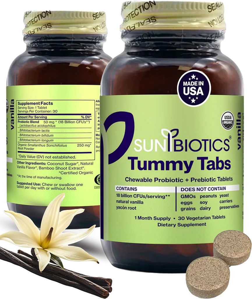 SUNBIOTICS Tummy Tabs - Comprimés probiotiques et prébiotiques à croquer avec 18 milliards d'UCF de 4 souches probiotiques pour la bonne flore de Gut, système immunitaire et microbiome équilibré - Vanille, (paquet de 1)