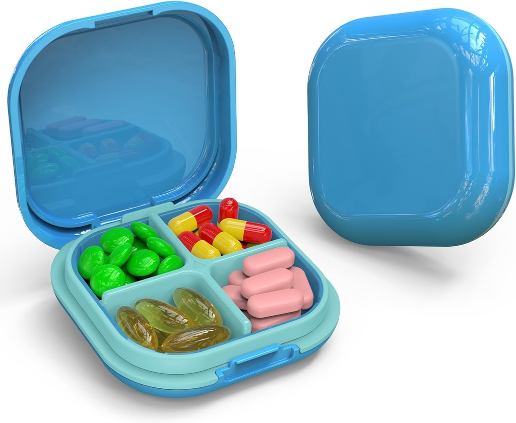 Daily Pill Organizer 4 Compartiments, Petite Pill Box Portable Travel Pill Case, Mini Pill Container for Purse Pocket, Compact Travel Medicine Organizer for Vitamine, Cod Liver Oil, Supplément (Blue)