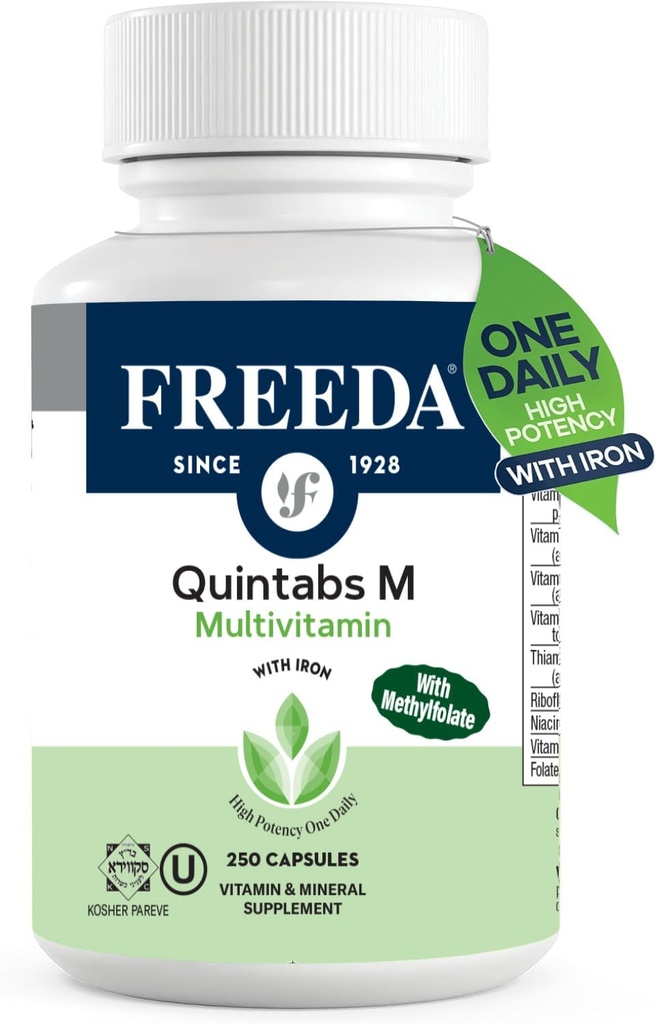 FREADA Multivitamine un jour – Quintabs-M avec le fer – Suppléments Casher Multivitamines pour la santé des femmes - Multivitamines pour les femmes et les hommes déficients en fer Vitamines adultes Multivitamine (250)