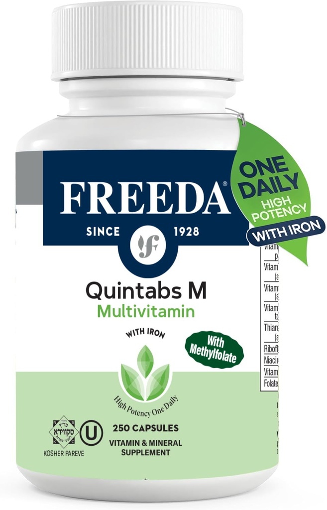 FREADA Multivitamine un jour – Quintabs-M avec le fer – Suppléments Casher Multivitamines pour la santé des femmes - Multivitamines pour les femmes et les hommes déficients en fer Vitamines adultes Multivitamine (250)