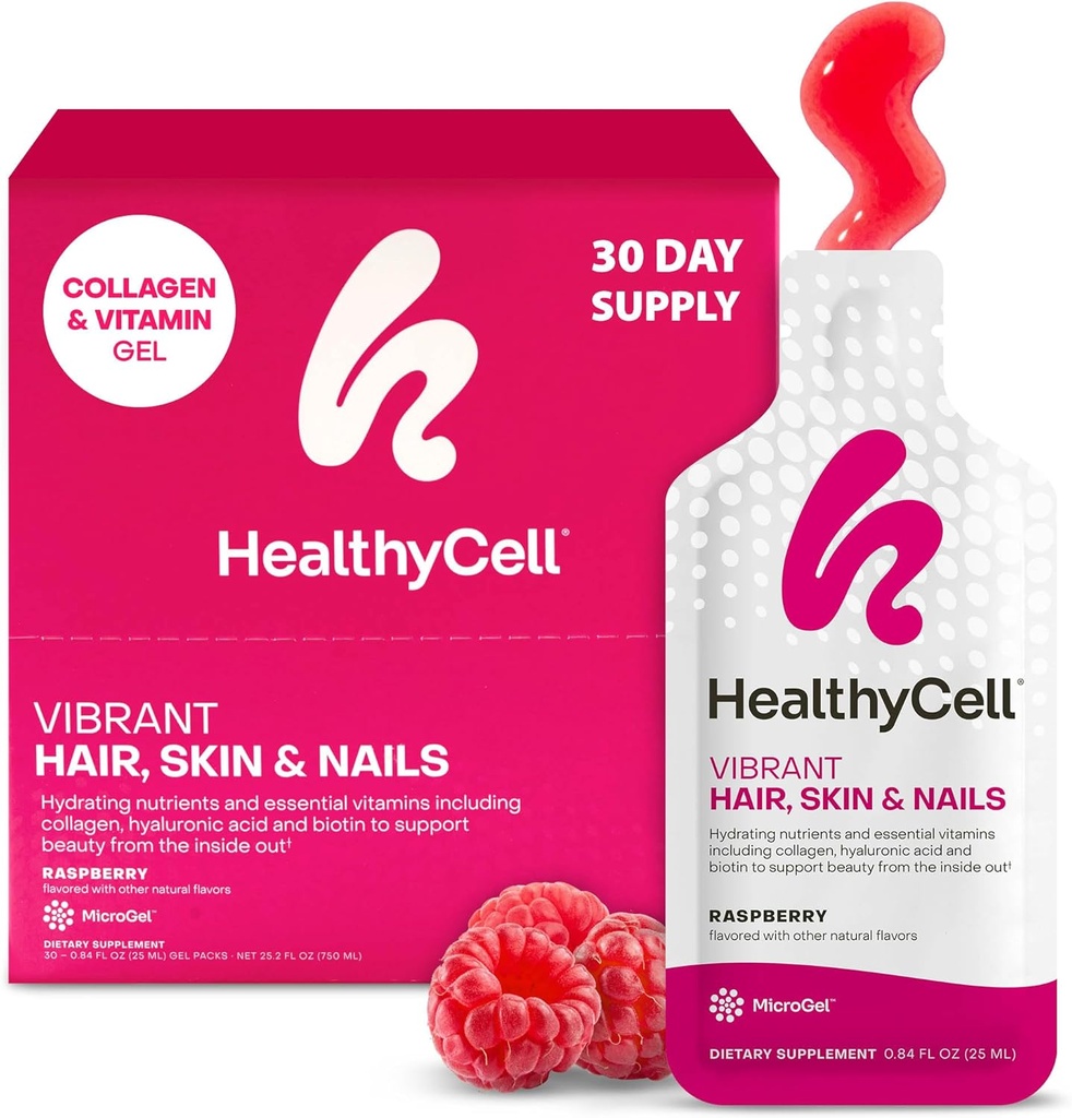 Healthycell Vibrant Hair Skin & Nails Daily Liquid Supplement - Beauty Supplements with Hydrating Nutrients & Essential Vitamins - Collagen, Biotin & Hyaluronic Acid - 30 Gel Packs