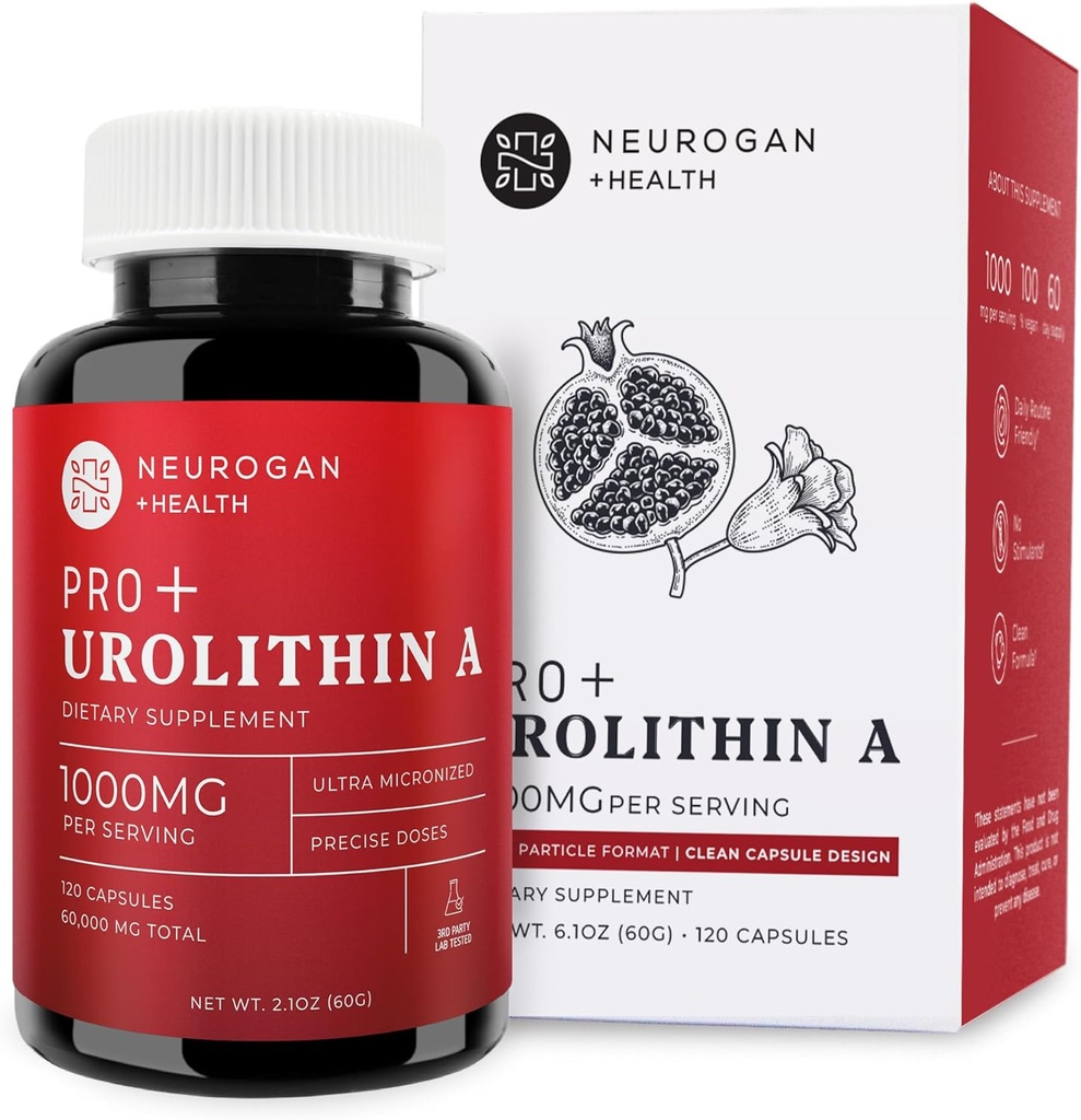 Neurogan Urolithine A Capsules PRO - 1000mg, 120 Ct - Santé Cellulaire Avancée, Suppléments Biotiques - Supplément Ultra Micronisé Urolithine A, Extrait de grenade