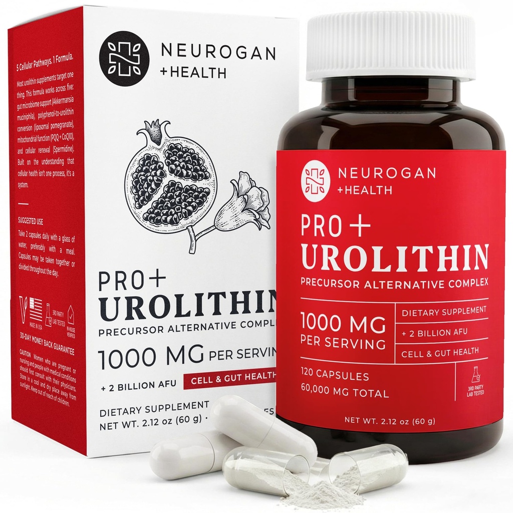 Neurogan Urolithine A Capsules PRO - 1000mg, 120 Ct - Santé Cellulaire Avancée, Suppléments Biotiques - Supplément Ultra Micronisé Urolithine A, Extrait de grenade