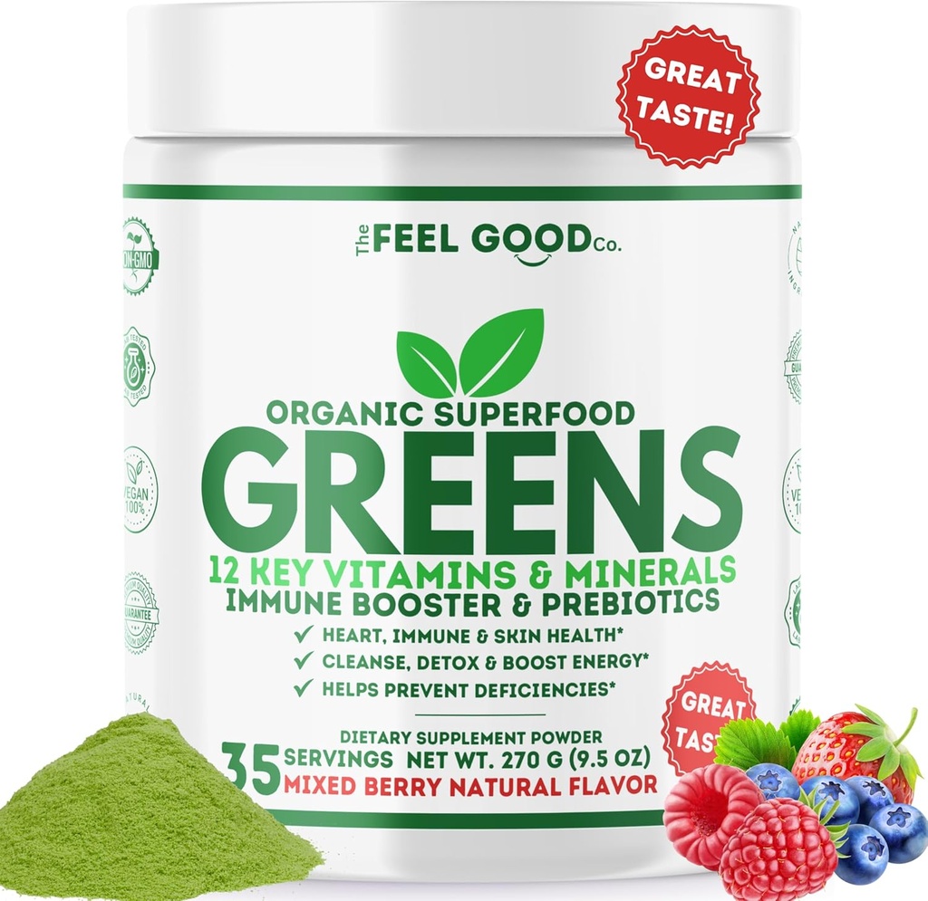 The Feel Good Super Greens Powder - Organic Green Juice, Wheat Grass No Added Sugar, Spirulina, Chlorella, Probiotics, Digestive Enzyme, Antioxidant Rich, Immunity Boost Green Superfood, 35 SVG, Daily