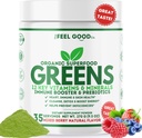The Feel Good Super Greens Powder - Organic Green Juice, Wheat Grass No Added Sugar, Spirulina, Chlorella, Probiotics, Digestive Enzyme, Antioxidant Rich, Immunity Boost Green Superfood, 35 SVG, Daily
