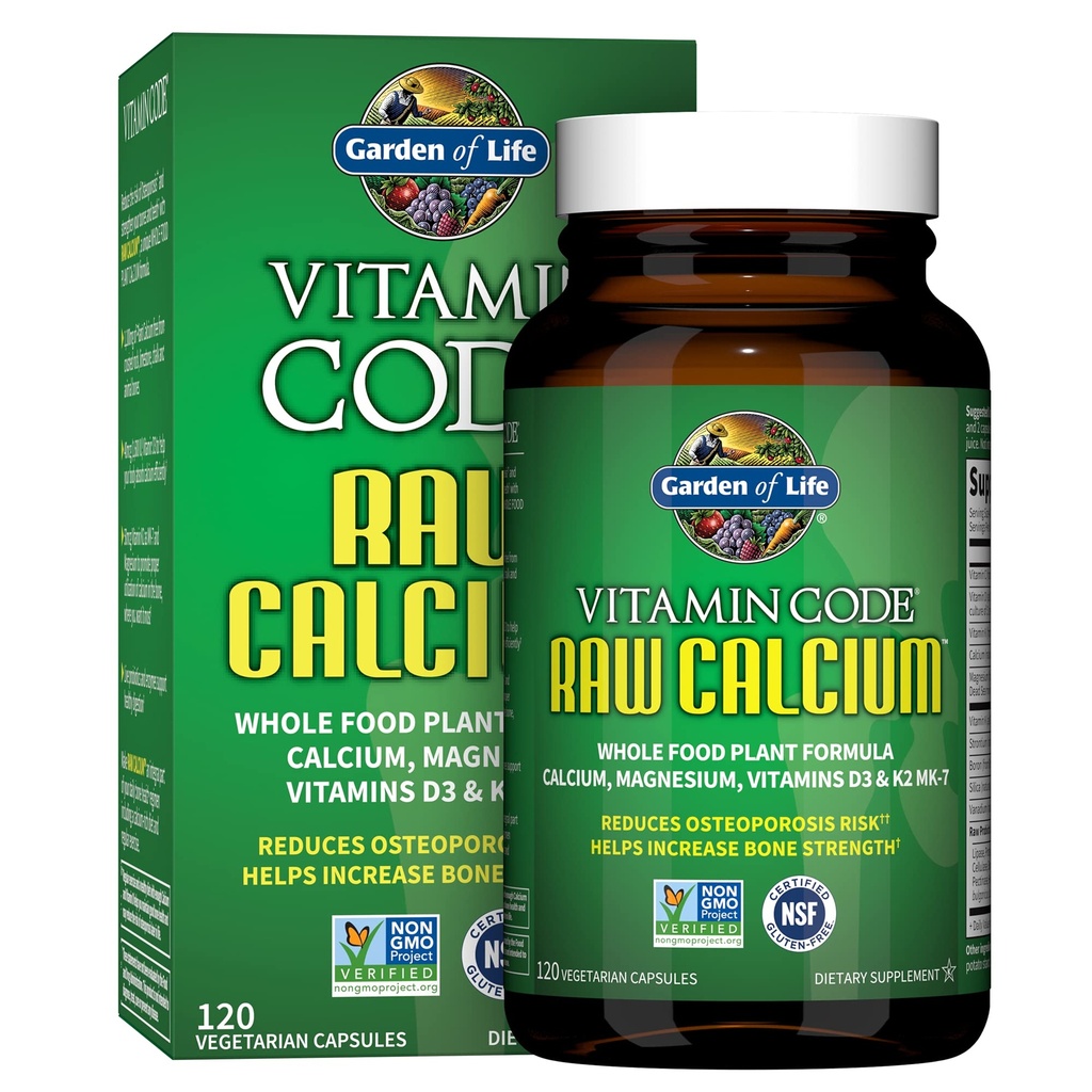 Jardin de la vie Supplément de calcium brut pour les femmes et les hommes - Code de vitamine fabriqué à partir d'aliments entiers avec du magnésium, K2, vitamine D3 et vitamine C plus probiotiques pour la digestion, 120 capsules