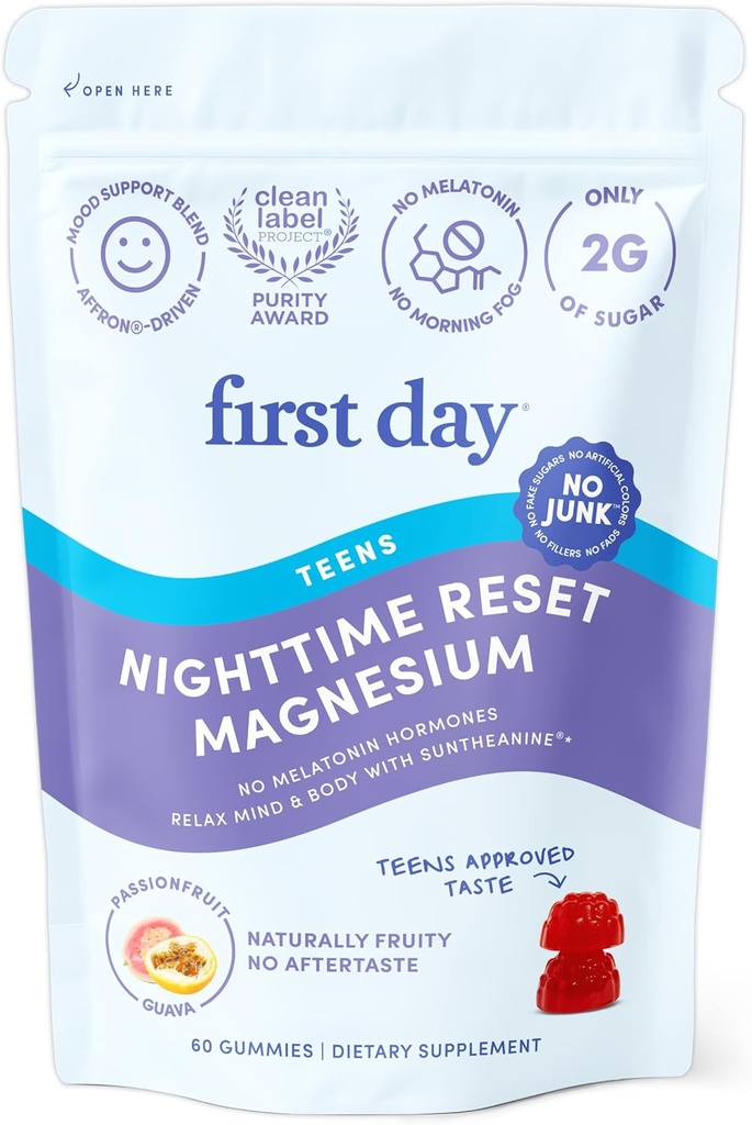 Premier jour Adolescents de nuit Réinitialiser Calmer Magnésium Gummies – Aide au sommeil soutient le repos pacifique, l'humeur équilibrée et l'énergie – Supplément avec Magnésium Citrate, Affron & No Melatonin – 30 jours d'approvisionnement