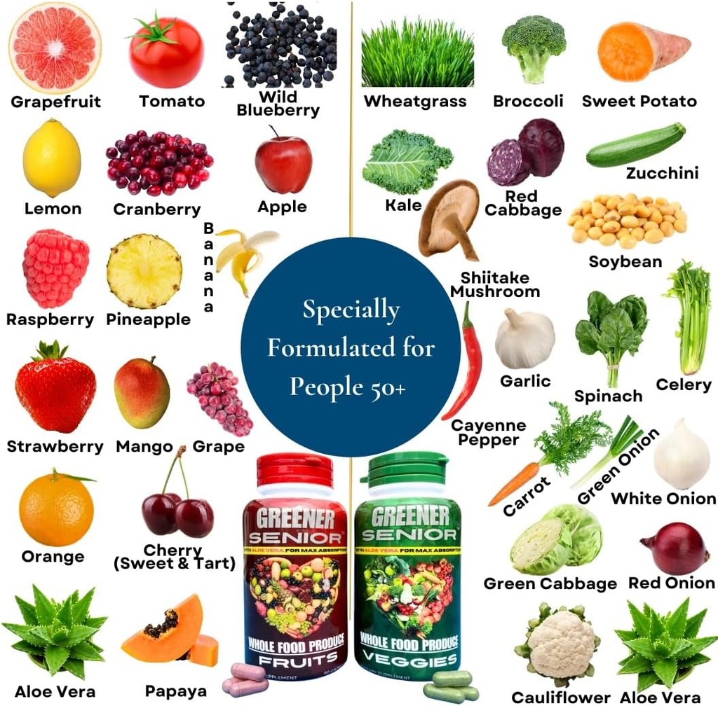 Supplément alimentaire complet pour fruits et légumes - Formulé pour les aînés pour l'absorption maximale - 90 Capsules de fruits et 90 Capsules de légumes - 1 Ensemble