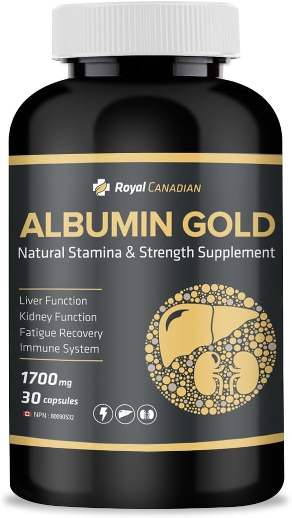 Royal Canadian Albumin Gold 1700mg=Fonction hépatique=Fonction rénale=Relèvement de la fatigue=Système immunitaire (30 x 1700mg Capsules)