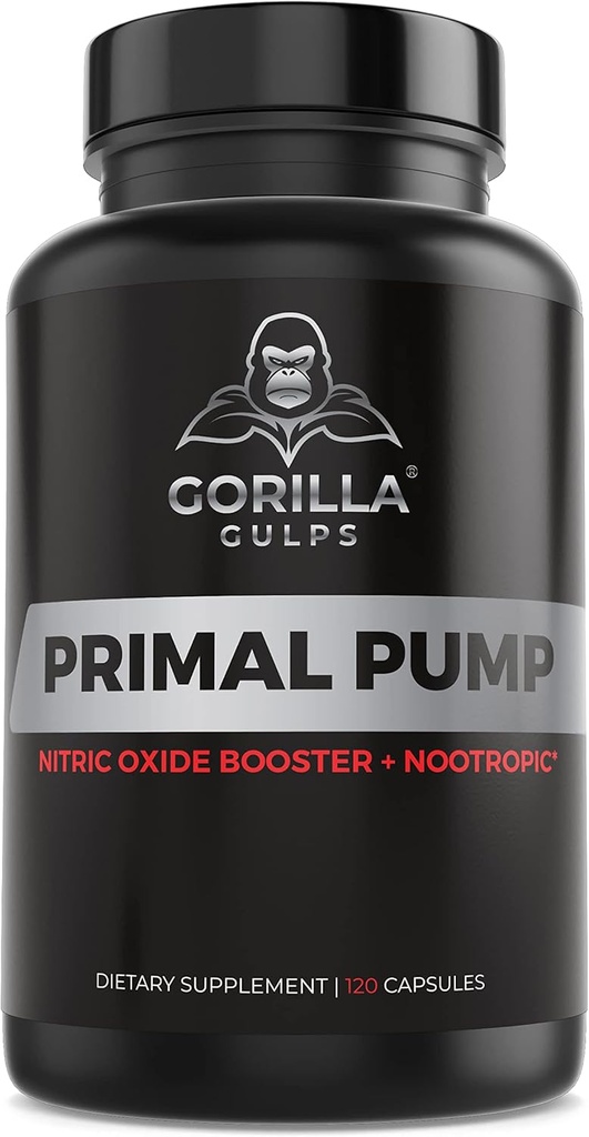 Gorilla Gulps - Supplément à l'oxyde nitrique de la pompe primaire Nootropic 1500mg Nitrosigine L Arginine et racine de betterave pour la croissance musculaire, les pompes, le flux sanguin, l'énergie et la concentration - Max Strength Pre Workout N.O. Booster