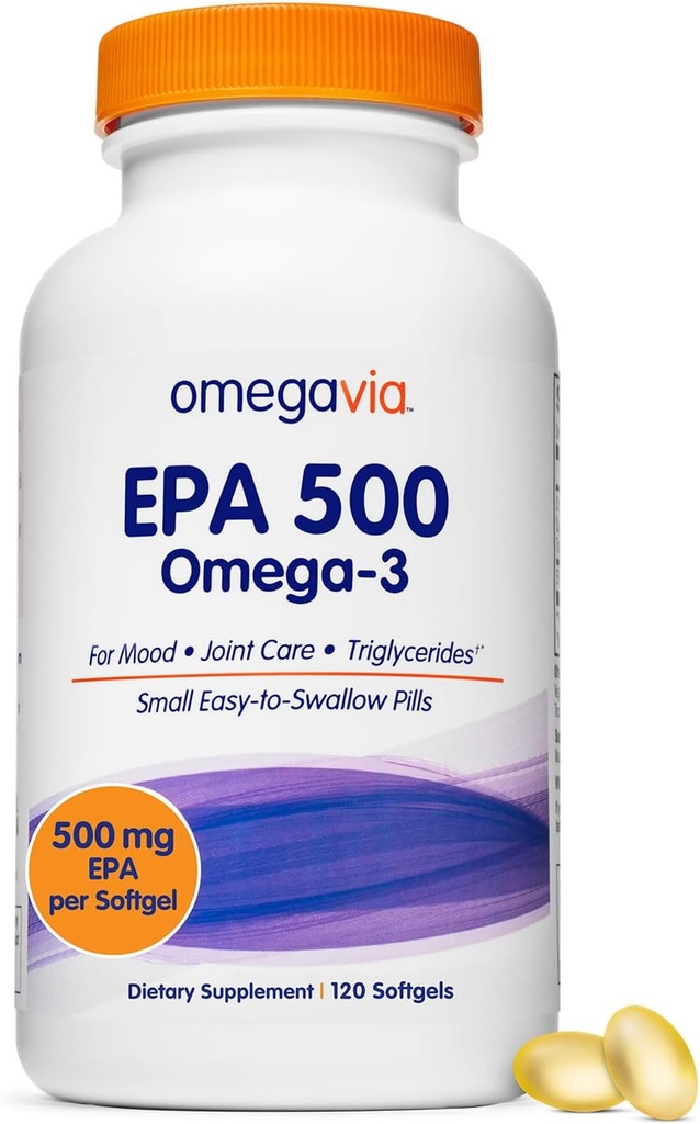 OmegaVia EPA 500, supplément d'huile de poisson Omega-3 purifié, 500 mg EPA sous forme de triglycéride, huile de poisson sans Burpless, non OGM, sans gluten, IFOS 5-Star, 120 Softgels