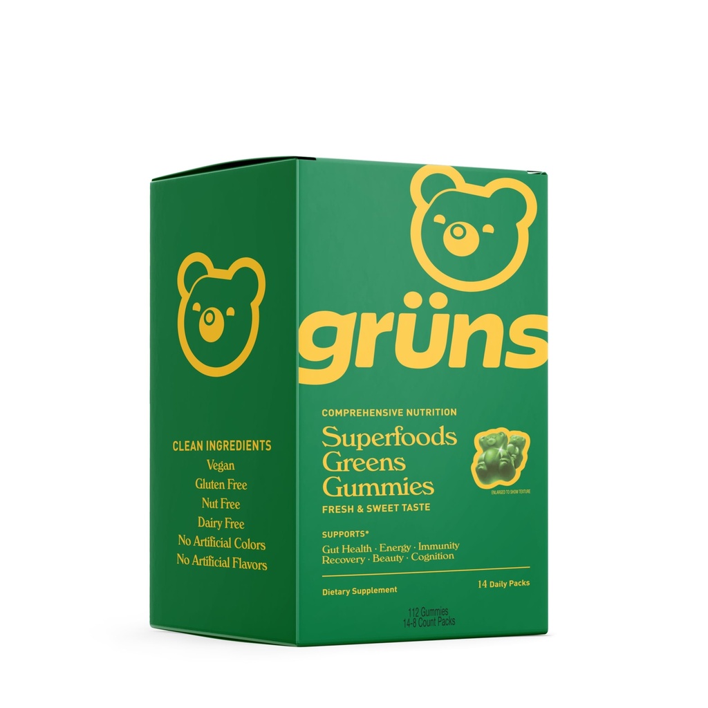 Gruns Super Greens Ours gommy - Spiruline biologique et Chlorelle, Prébiotiques pour la santé digestive, 20+ Vitamines et Minéraux - 14 sachets - 112 Gummies
