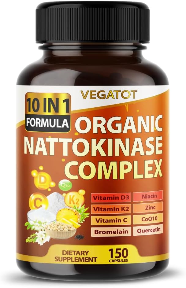 VEGATOT Organic Nattokinase Complex - 10IN1 Formula Vitamin D3, Niacin, Vitamin K2, Zinc, CoQ10, Quercetin - Made in The USA (150 Count (Pack of 1))
