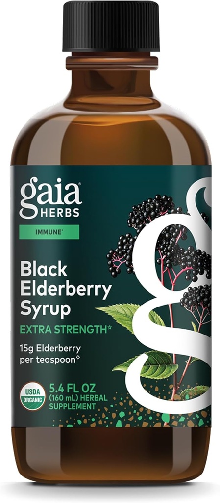 Gaia Herbs Black Elderberry Sirop - Supplément de soutien immunitaire - Fabriqué avec des mûres noires biologiques (Sambucus nigra) pour système immunitaire* - Formule biologique certifiée USDA - 5.4 Fl Oz (approvisionnement de 32 jours)