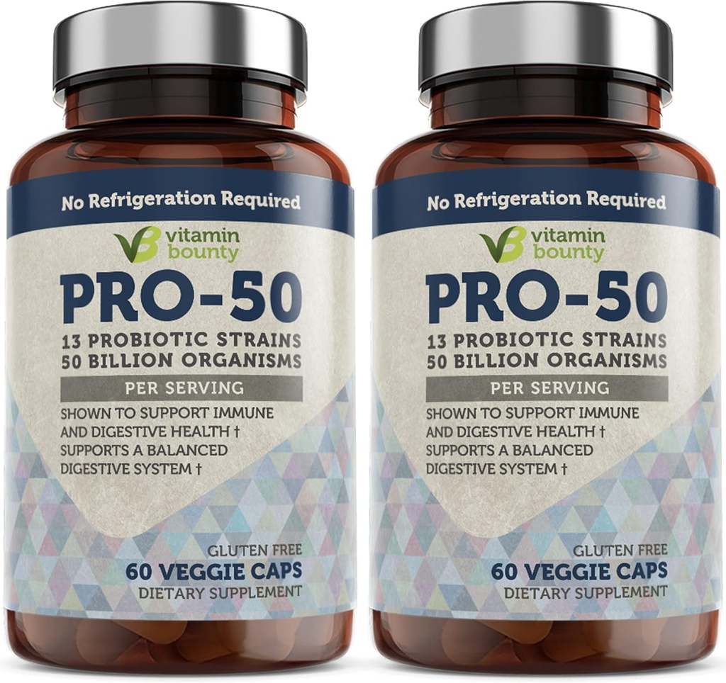 Vitamin Bounty Pro-50 Probiotic 50 Billion CFU - 13 Strain Supplement for Men & Women + Prebiotics - Digestive Health & Gut Support - Lactobacillus & Bifidobacterium - Delayed Release Capsules, 2 Pack