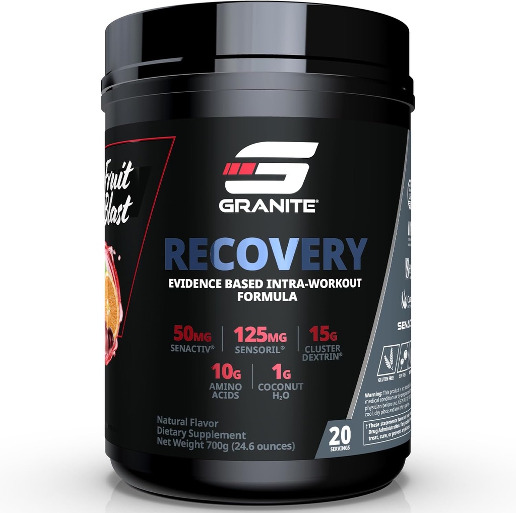 Granite Nutrition Recovery - Premium Intra-Workout Drink with EAAs, Cluster Dextrin, Sensoril & Senactiv for Athletic Performance and Lean Muscle Gains - Fruit Blast (30 Servings)