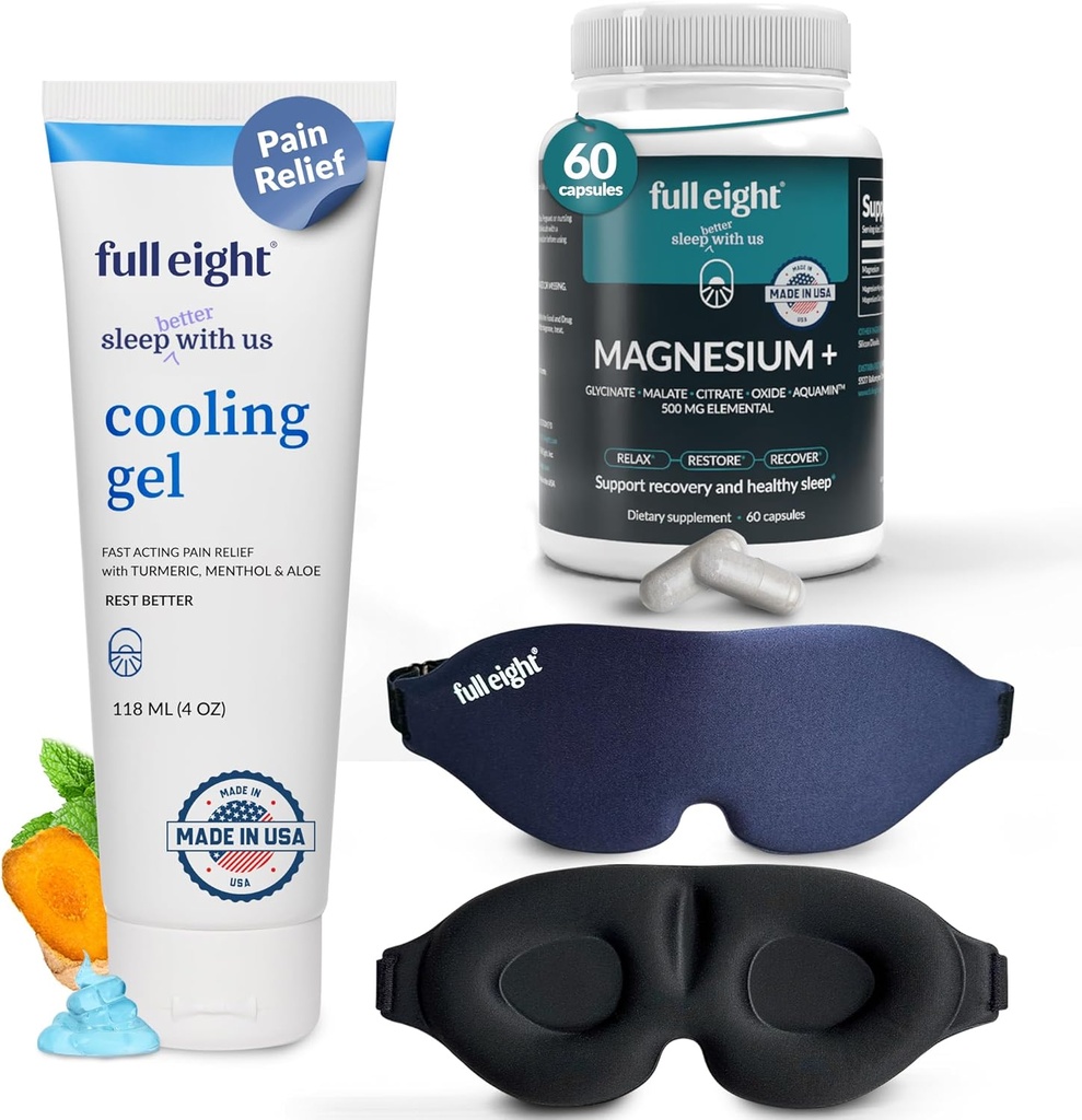 Sleep & Comfort: Magnesium+ 500 MG for Deep Sleep 60 Caps, Fast-Acting Cooling Gel Rub for Soothing Comfort 4 oz & 3D Light Blocking Sleep Mask One Size
