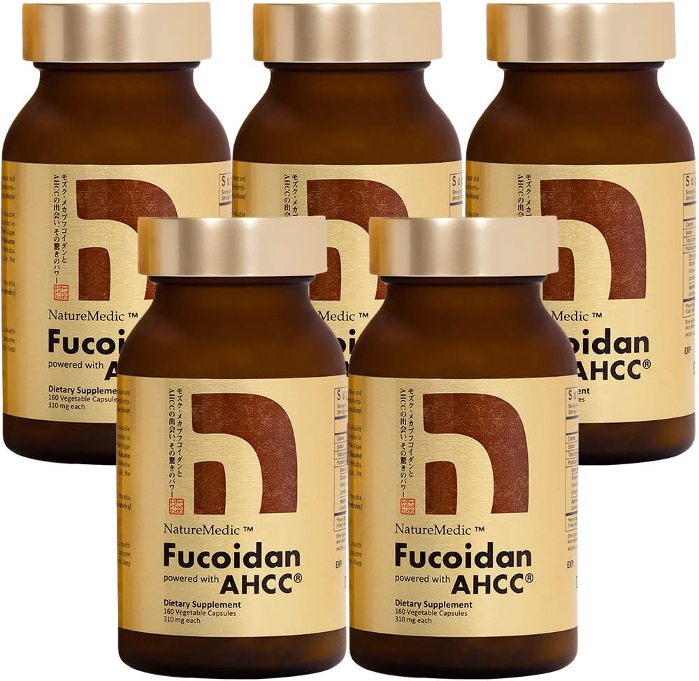 Fucoidan Powered with AHCC® Brown Seaweed Immunity Supplement with High Purity Organic Mekabu Mozuku Agaricus 5 Bouteilles - 800 capsules végétales Fabriqué au Japon