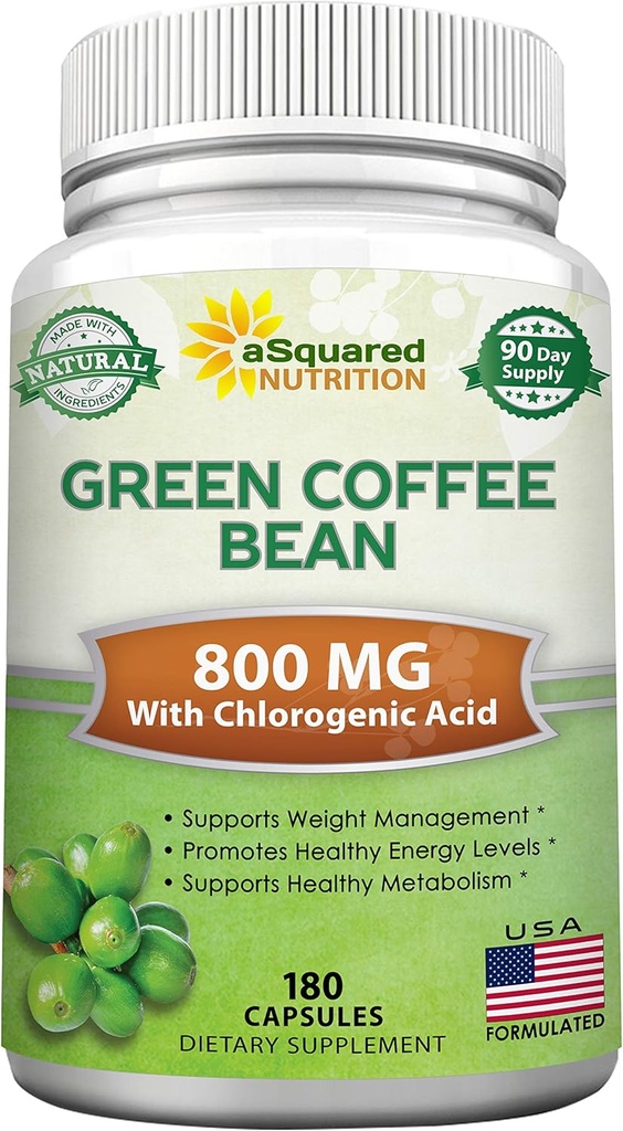 aSquared Nutrition Natural Green Coffee Bean Formula-180 Capsules-Max Strength GCA Antioxydant Cleanse for Pure Weight Loss, 800mg par Pill-Chlorogenic Acid-1600mg Supplément quotidien, brûleur de graisse sain