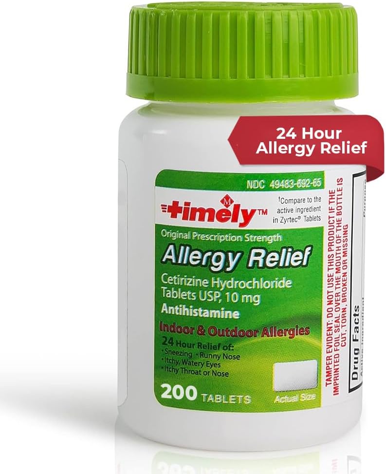 LABS TEMPORAIRE, INC. Timely Cétirizine HCl 10 Mg 200 Comprimés - 24 heures Allergie Relief de l'éternuement, Runny Nez, Itchy Yeux Eauux, Itchy Gorge, Nez - Allergie intérieure et extérieure Médicine