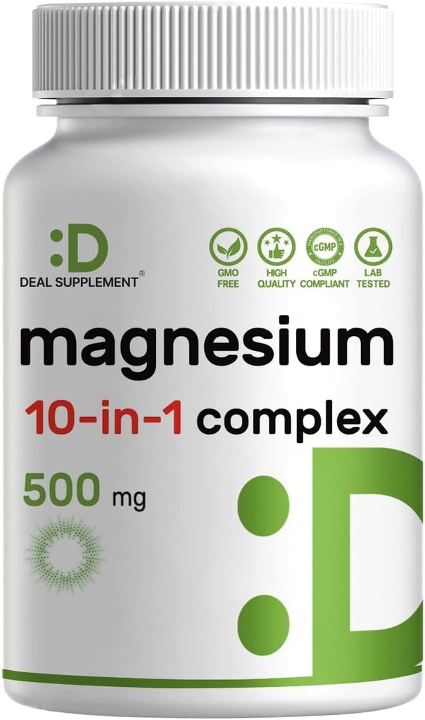 Magnesium Complex 500mg, 240 Veggie Capsules | 10-in-1 Glycinate, Citrate, Malate, & More | 100% Chelated for Easy Absorption | Essential Mineral Supplement for Muscle, Sleep, & Heart Health*