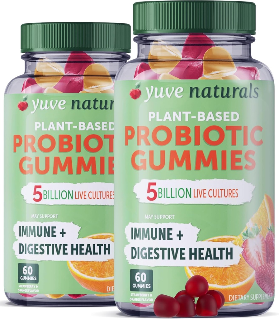 Gummies probiotiques vegan, probiotiques pour les femmes et les hommes, probiotiques sans sucre et sans gluten, soutien digestif et immunitaire, 5 milliards CFU, aide à la constipation, Bloating & Fuite Gut - 60ct (2 Pack)
