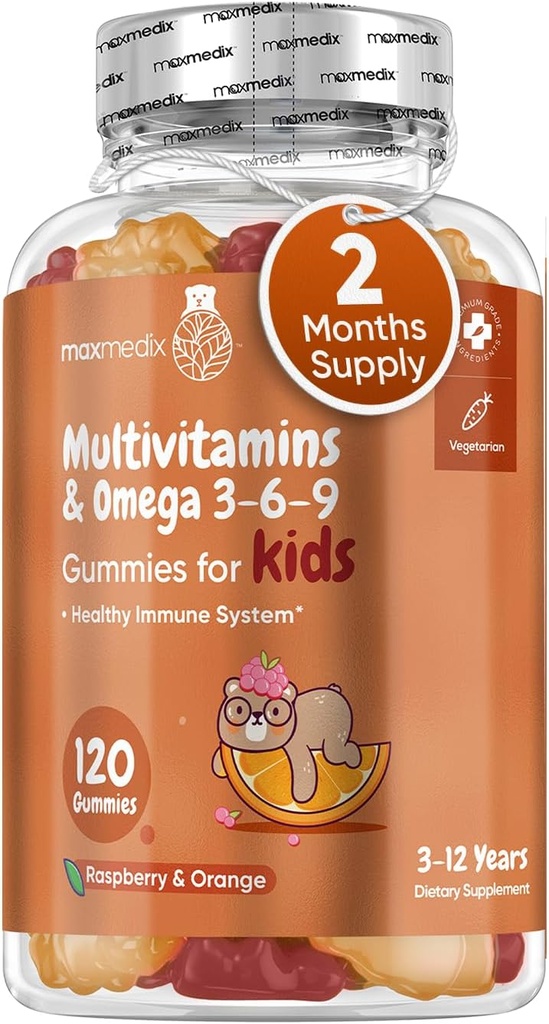 maxmedix Enfants Gommies multivitamine avec Omega 3 6 9 - 120 Gommies (60 portions) - Enfants essentiels Vitamine A, C, D & B12, Minéraux et nutriments - Framboise naturelle et saveur orange - Testé en troisième partie