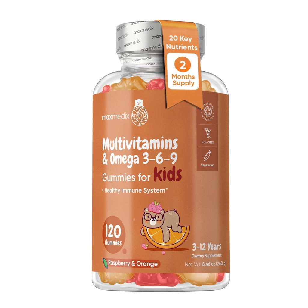 maxmedix Enfants Gommies multivitamine avec Omega 3 6 9 - 120 Gommies (60 portions) - Enfants essentiels Vitamine A, C, D & B12, Minéraux et nutriments - Framboise naturelle et saveur orange - Testé en troisième partie