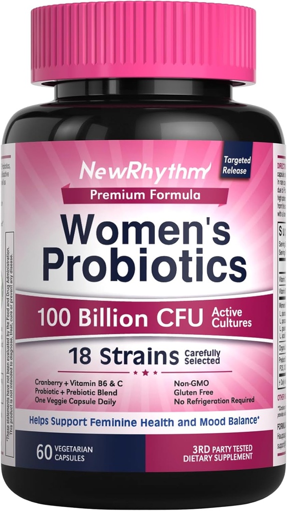 NewRhythm Probiotics for Women, P-5-P, Vitamin C & Organic Cranberry, 100 Billion CFU 18 Strains, Prebiotics & Vaginal Probiotics for Digestive Health & PH Balance, 60 Capsules, No Dairy