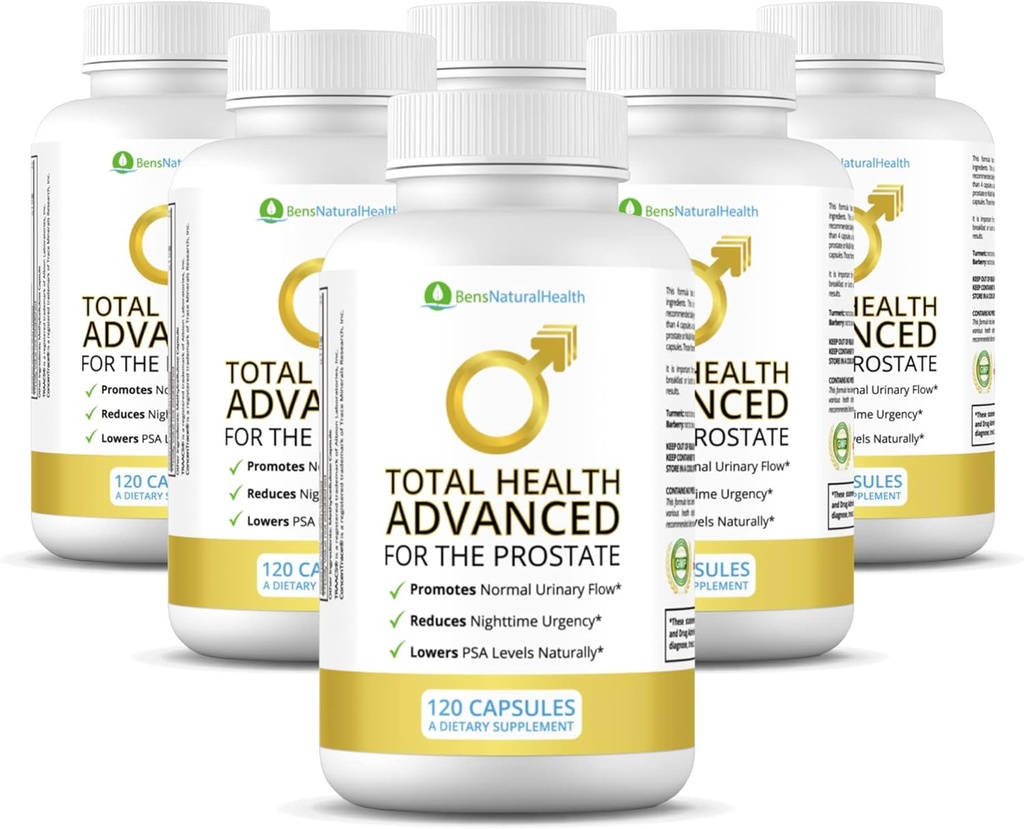 Ben's Natural Health Total Health Advanced, Supplément de soutien à la prostate avec 29 ingrédients Beta-Sitostérol, Vitamines C, D, E, Zinc, Pygeum, Turmeric, Saint Basilic, 900 Capsules, 6 Pack