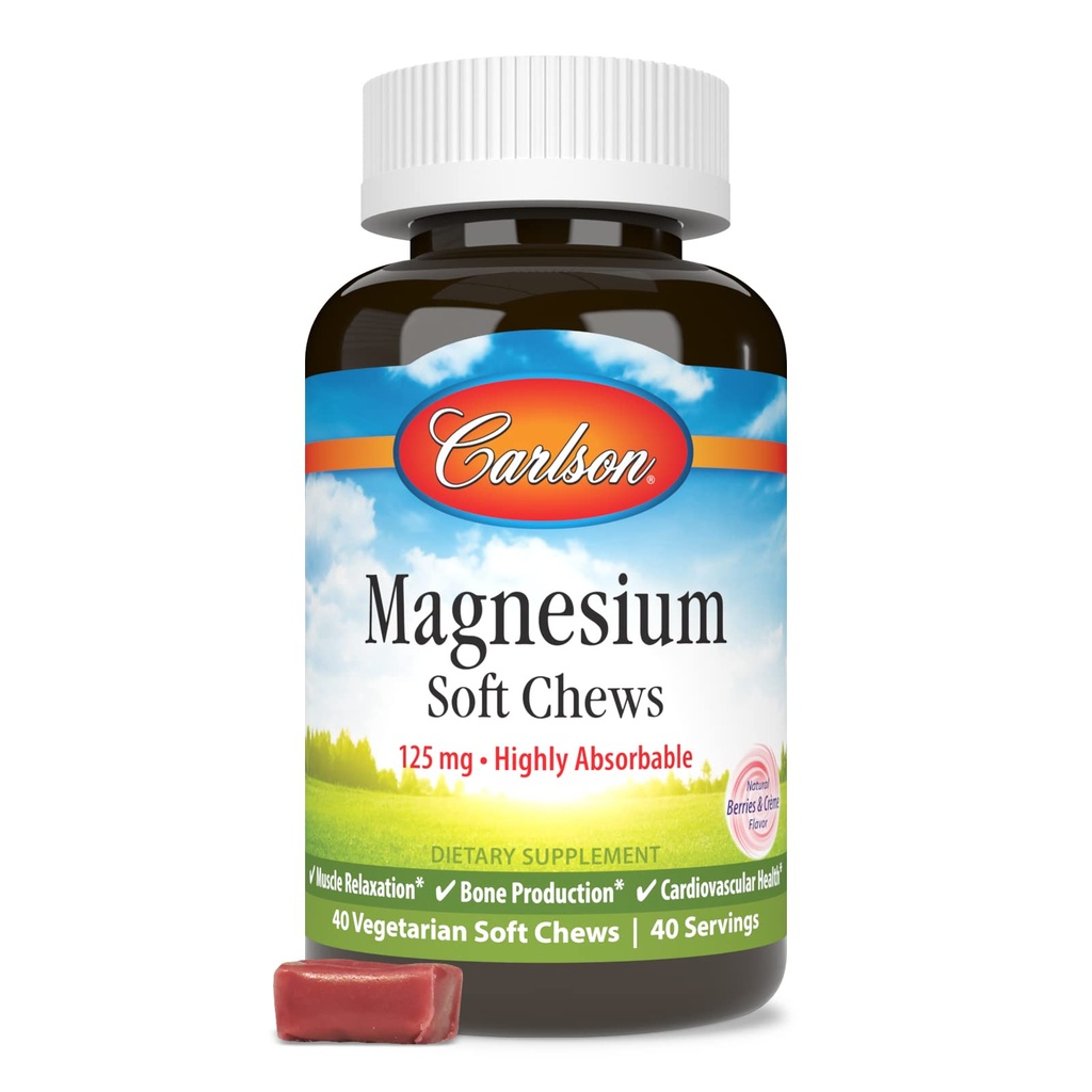 Carlson Magnesium Soft Chews 125 mg Relaxation musculaire très absorbante et santé globale - Berries et crème de crème - 40 légumes molles