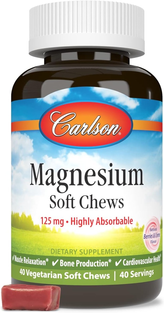 Carlson Magnesium Soft Chews 125 mg Relaxation musculaire très absorbante et santé globale - Berries et crème de crème - 40 légumes molles