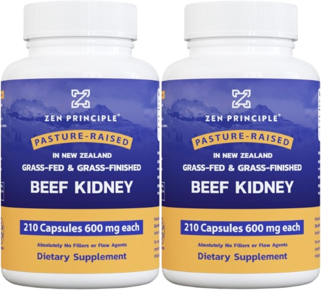 Zen Principle Grass Fed Beef Kidney Supplement, 420 Capsules, 3000mg. DAO Enzyme for Histamine Health. Selenium and B12 for Thyroid Support.