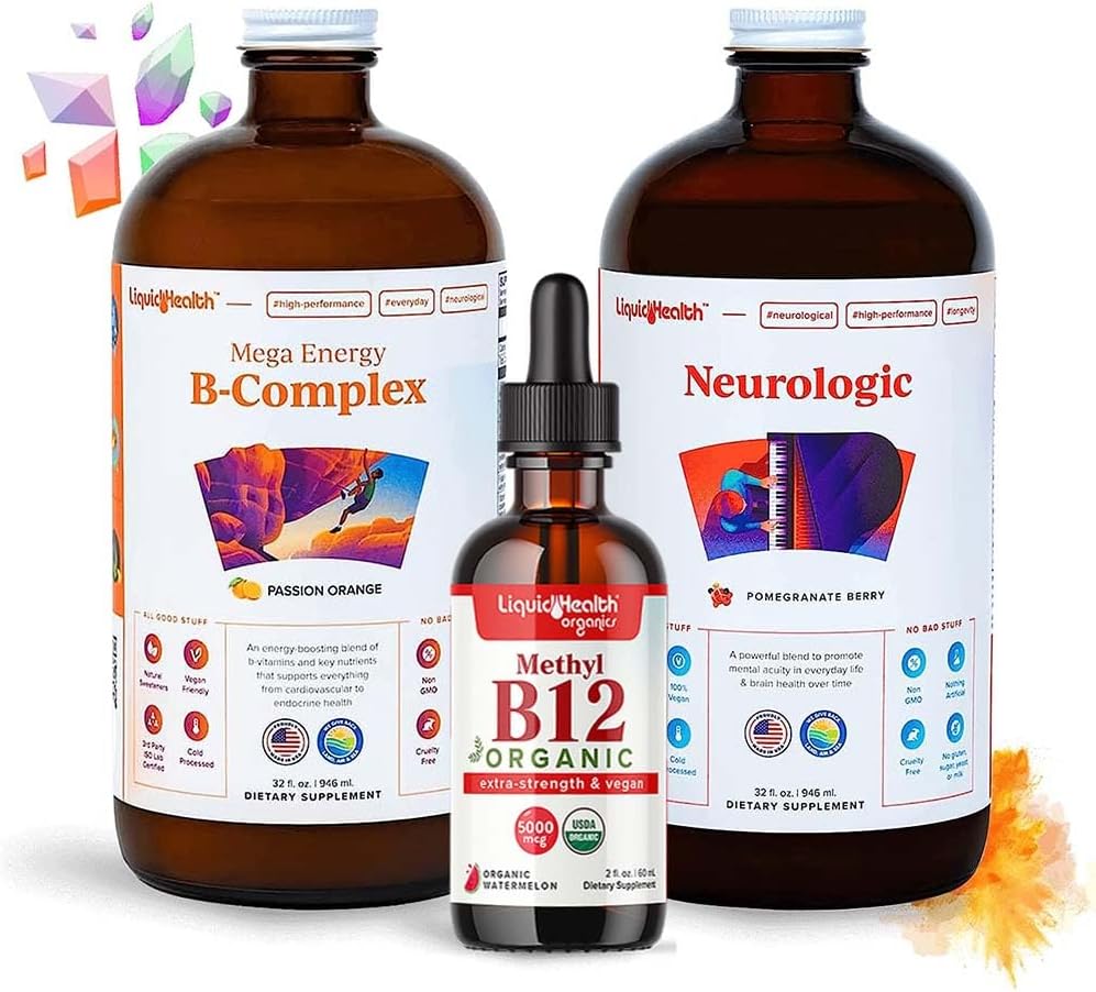 LIQUIDHEALTH Focus pour adultes et énergie Bundle de vitamines liquides avec Mega Energy B-Complex, USDA Bio Methyl B12 gouttes, supplément neurologique de focus nootropique - Boost Energy, Mood - USA Made, Vegan, Non-OGM