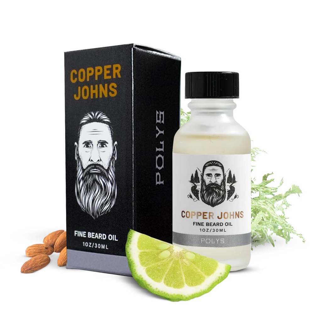 Johns de cuivre huile de barbe premium pour les hommes - Formule naturelle avec huile de jojoba et de ricin - Hydratant de barbe non grasse légère - Adoucit, Hydrates et Tames Frizz - Polys-Bergamot & Cherry Almond 1 oz