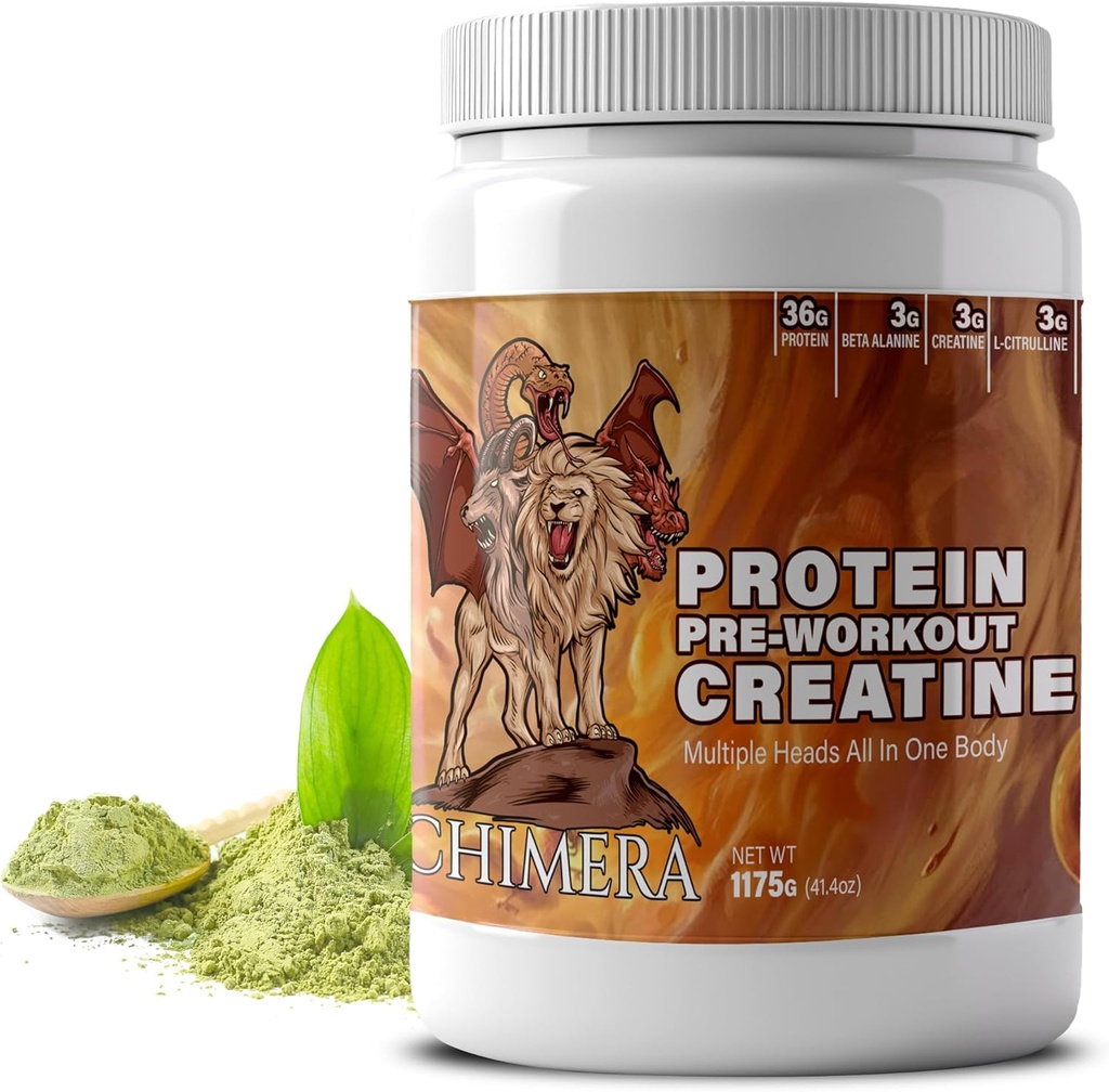 CHIMERA Protéines tout-en-un et poudre de pré-travail - 36g Protéines, 3g Créatine, Non-OGM, sans sucre, faible sodium, caféine naturelle du Matcha, pas d'arôme artificiel