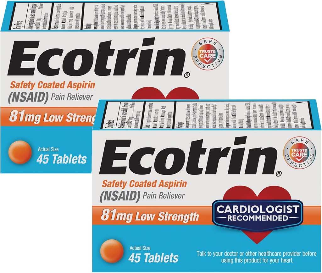 Ecotrine Aspirine enduite à faible résistance, AINS 81mg, 45nombres (2paquets)