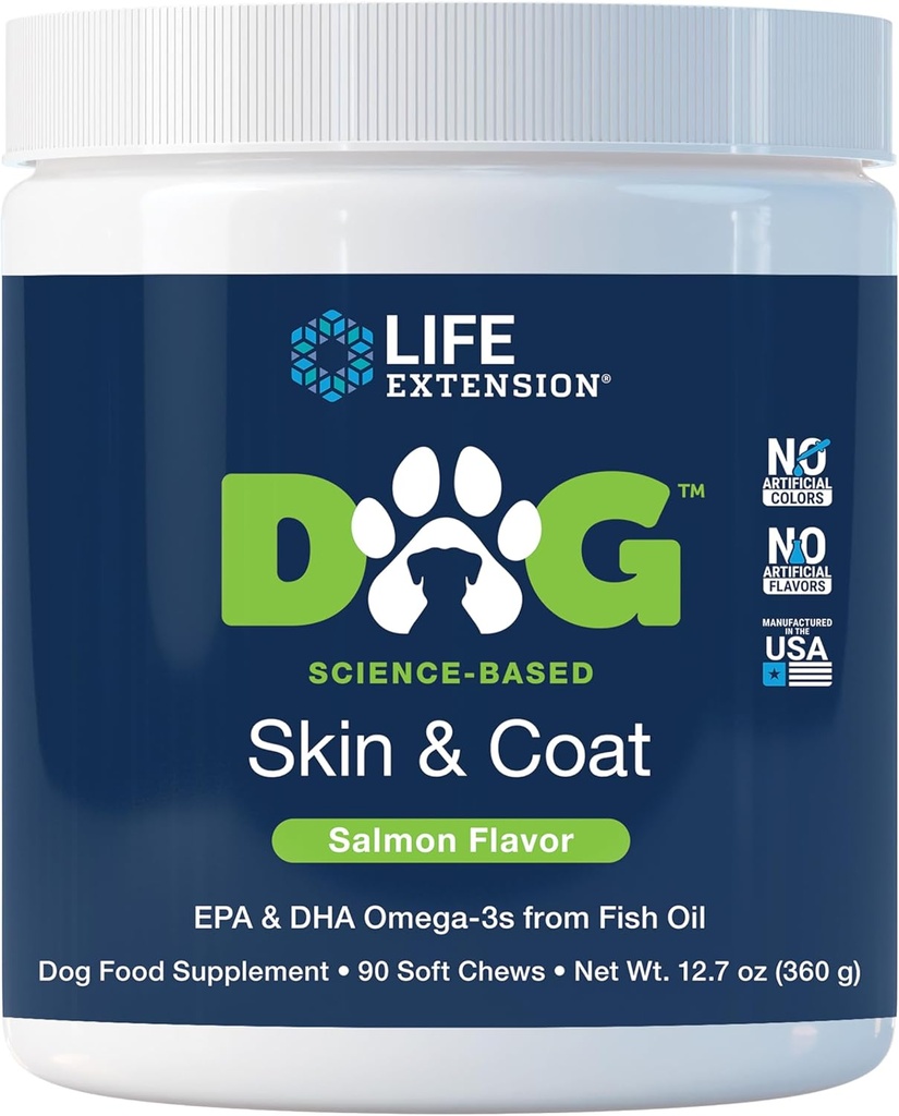Life Extension Dog Skin & Coat - Dog Food Supplement for Healthy Skin and Coat – Omega-3 Fish Oil for Dogs, Salmon Flavor, No Artificial Colors or Flavors - 90 Soft Chews