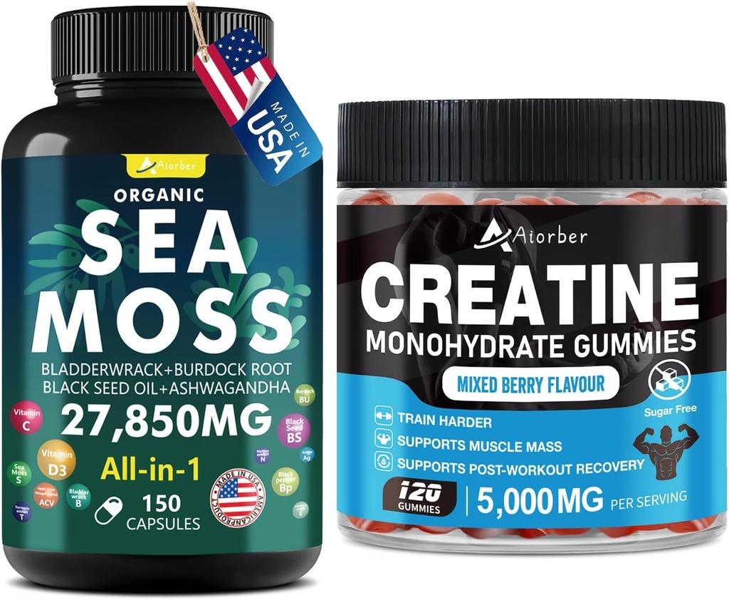Sea Moss & Creatine Monohydrate Gummies Bundle 270 Count – Organic Sea Moss Black Seed Oil Aşhwagandha Ginger & Creatine Monohydrate (2 Pack)