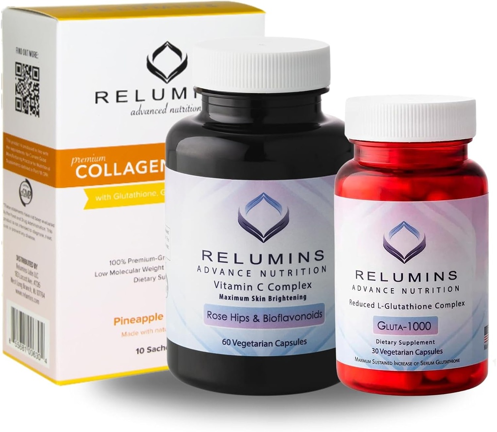 Relumins Premium Summer Glow Set – Collagen Ananas, Glutathion 1000mg & Vitamine C – Soutien antioxydant pour la santé de la peau et le bien-être global – 3-en-1 Beauty & Wellness Kit