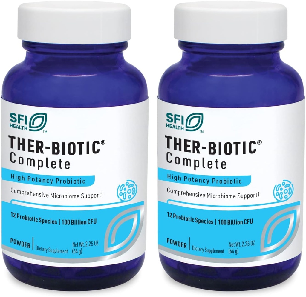 Klaire Labs SFI Health Ther-Biotic Complete Probiotic Powder - 100 milliards CFU - Probiotiques pour hommes et femmes pour la santé digestive et le soutien immunitaire - Sans lait, hypoallergénique (64g, 2 Pack)